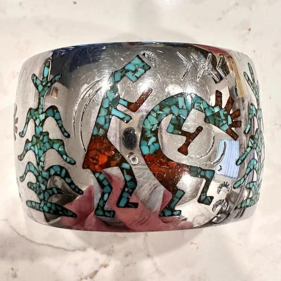 HMIJ Sterling Silver Native American Navajo Bracelet Turquoise,Coral Handcrafted - Picture 4 of 10